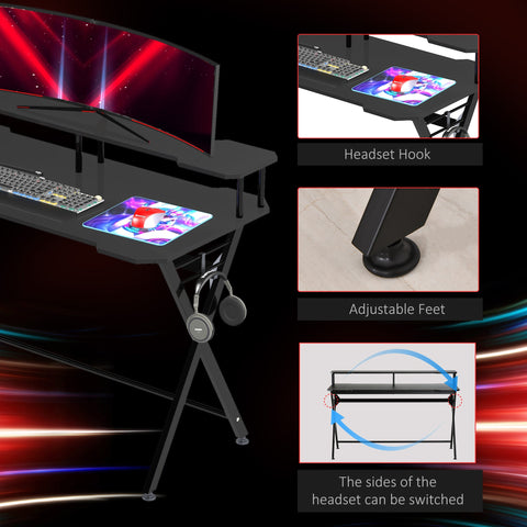 HOMCOM Gaming Desk Writing Racing Computer Table Workstation with Headphone Hook Curved Front Adjustable Feet for Home Office Use 140 x 60cm