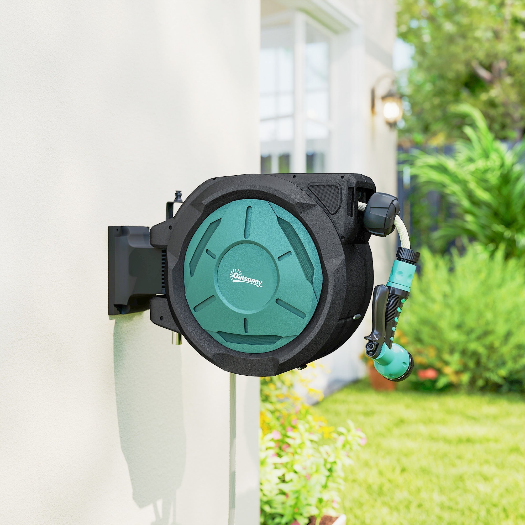Outsunny Retractable Hose Reel Wall Mounted, 20+2m Garden Hose Pipe Reel with Lock, Auto Rewind, 7 in 1 Spray Nozzle, Includes Wall Fixings, 180° Swivel, Outdoor Watering, 54 x 20 x 39 cm, Black