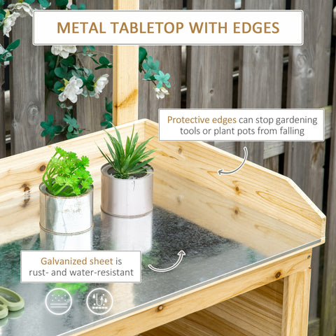 Outsunny Garden Potting Bench Table, Wooden Workstation Bench w/ Galvanized Metal Tabletop, Storage Shelves and Hooks, Natural
