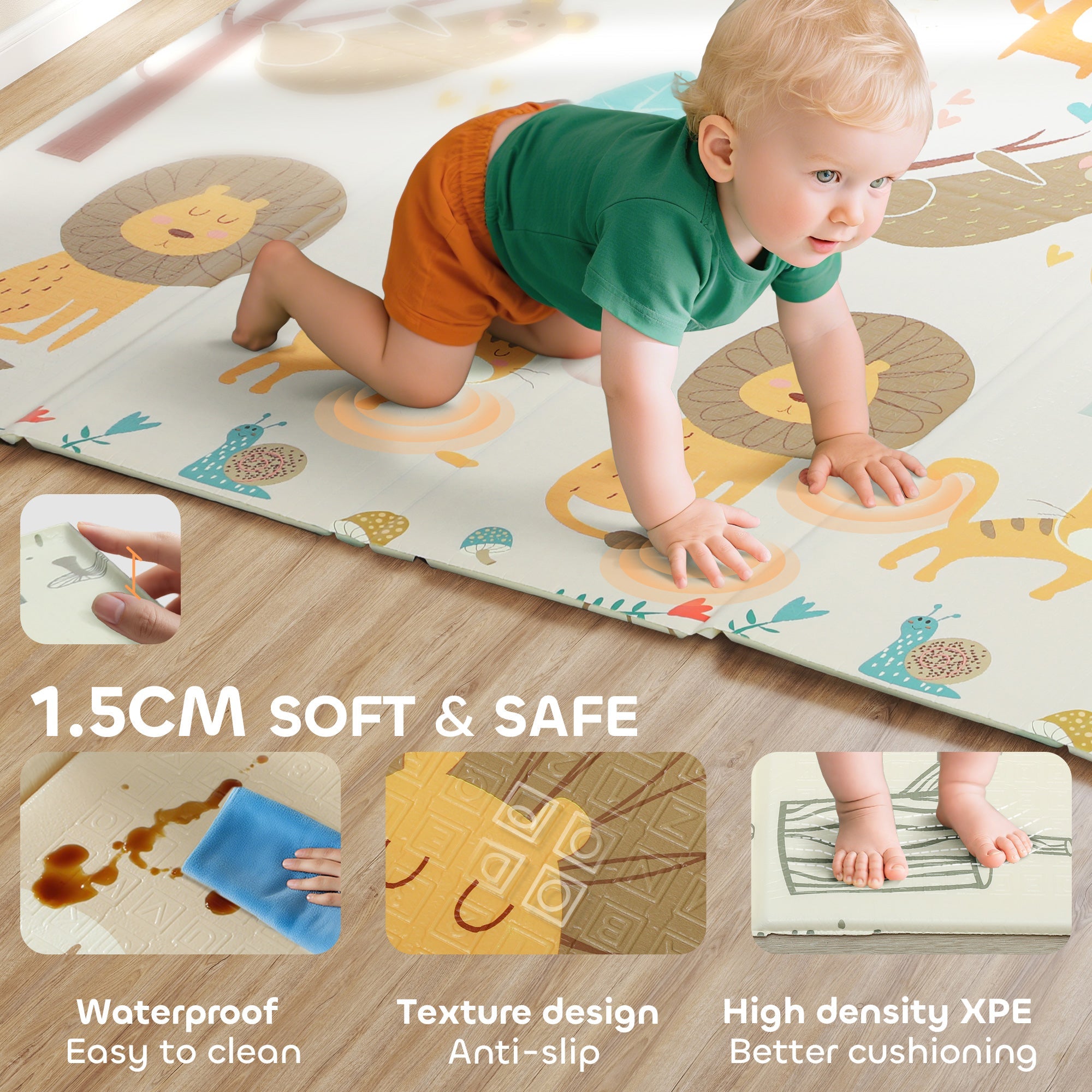 AIYAPLAY Animal-Themed Baby Plat Mat Double Sided, Foldable, Water-Resistant for Outdoor/Indoor, 177 x 146 x 1.5cm