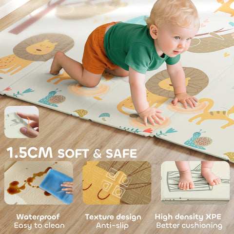 AIYAPLAY Animal-Themed Baby Plat Mat Double Sided, Foldable, Water-Resistant for Outdoor/Indoor, 177 x 146 x 1.5cm