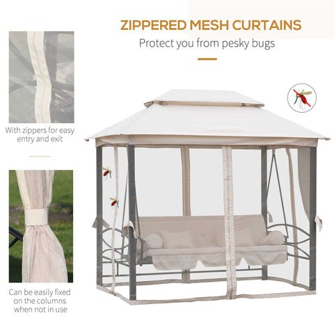 Outsunny 2-in-1 Convertible Gazebo Swing Chair Bed W/Netting, 245Lx165Wx243H cm-Beige/Black