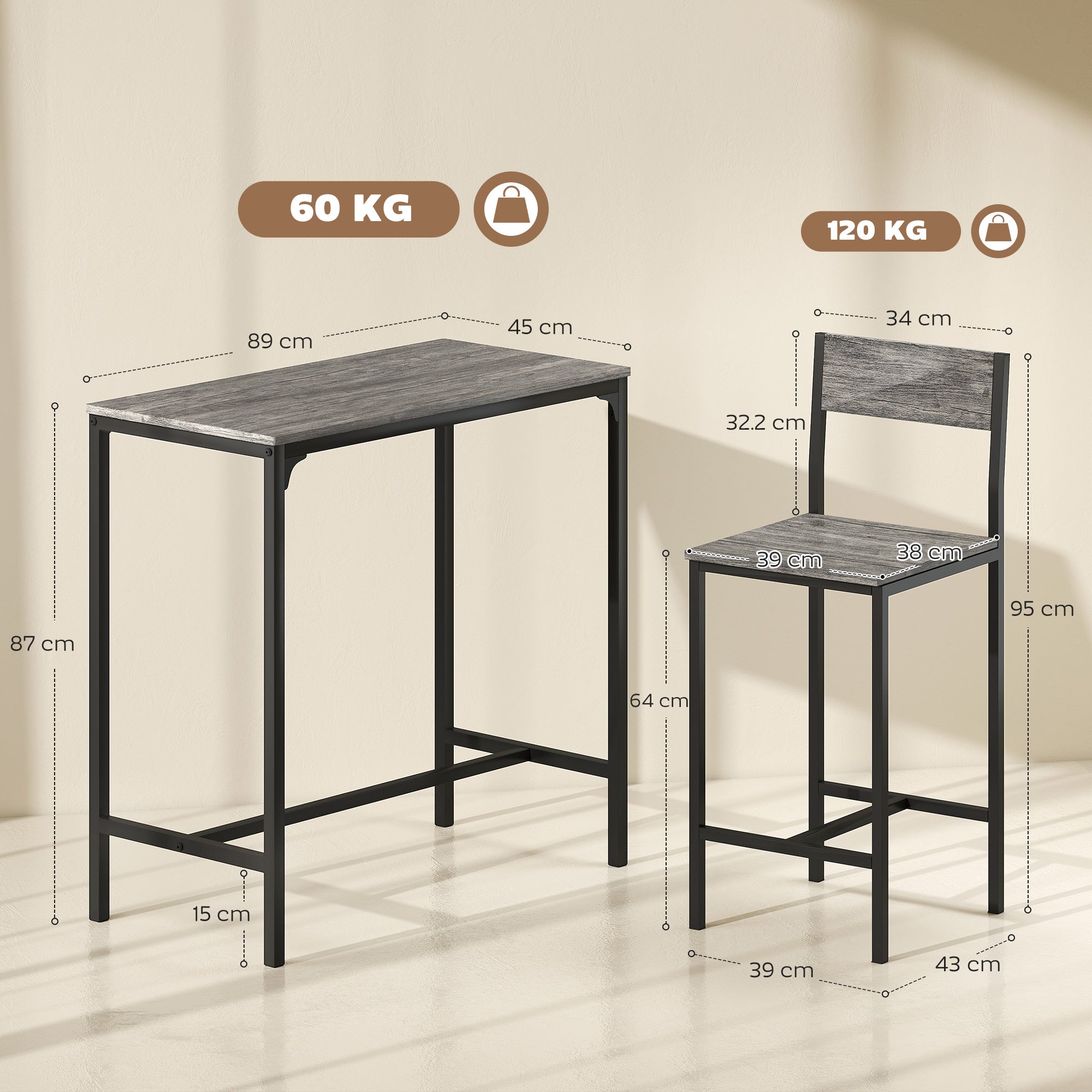 HOMCOM 3-Piece Bar Table Set with 2 Stools, Industrial Breakfast Bar Set with Footrest, Backrest for Dining Room, Small Space