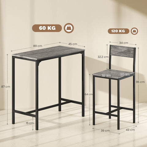 HOMCOM 3-Piece Bar Table Set with 2 Stools, Industrial Breakfast Bar Set with Footrest, Backrest for Dining Room, Small Space