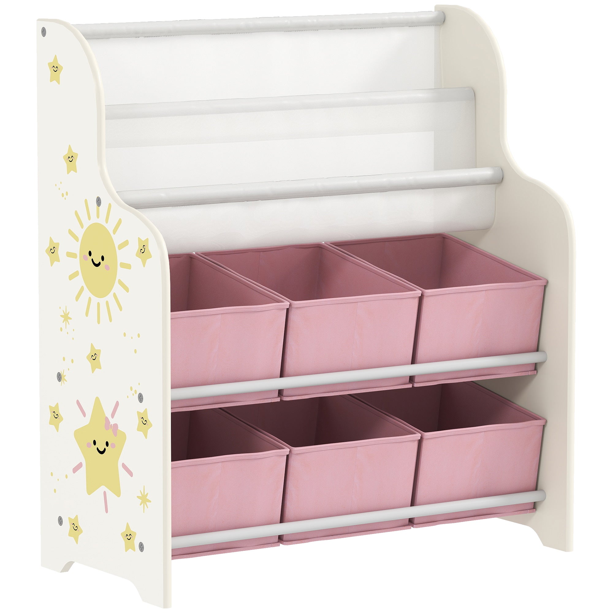 AIYAPLAY Kids Storage Unit, Toy Organiser with 6 Fabric Drawers and 2-Tier Sling Book Rack for Bedroom, Playroom, Nursery, Pink