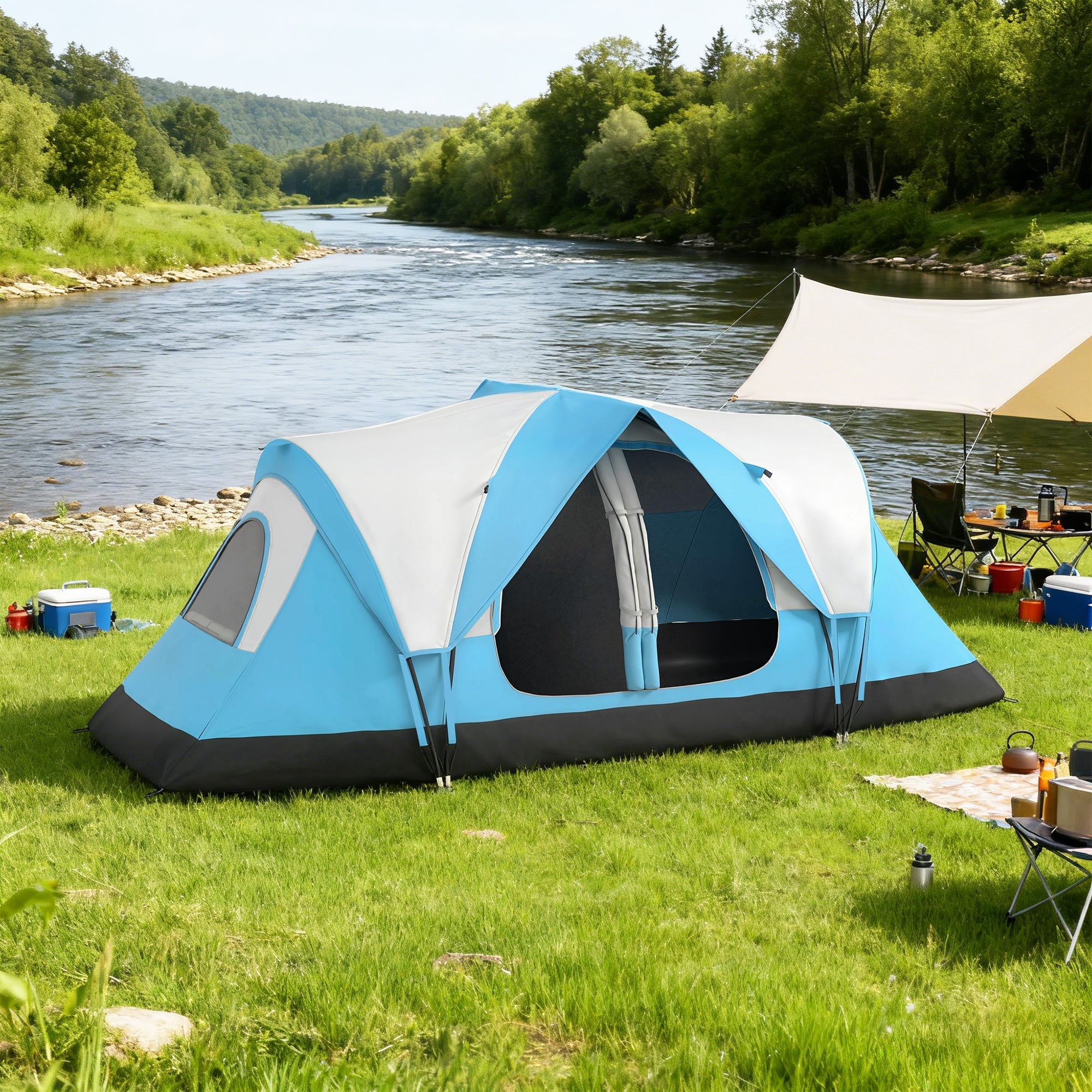 Outsunny Camping Tent for 6-8 Man with 2000mm Waterproof Rainfly and Carry Bag for Fishing Hiking Festival, Sky Blue