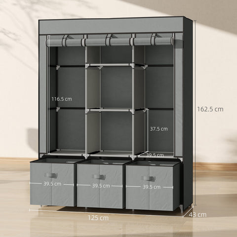 HOMCOM Fabric Wardrobe for Bedroom, Portable Wardrobe with 5 Shelves, 2 Hanging Rails and 3 Fabric Drawers, Foldable Closet, 125 x 43 x 162.5cm, Light Grey