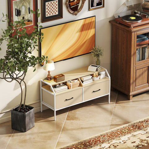 HOMCOM TV Stand Cabinet, TV Unit for 55-inch TVs with 2 Foldable Fabric Drawers, 5 Divided Side Pockets, Open Shelves, Console Table for Living Room, Bedroom, Entertainment Room, Natural Wood Finish