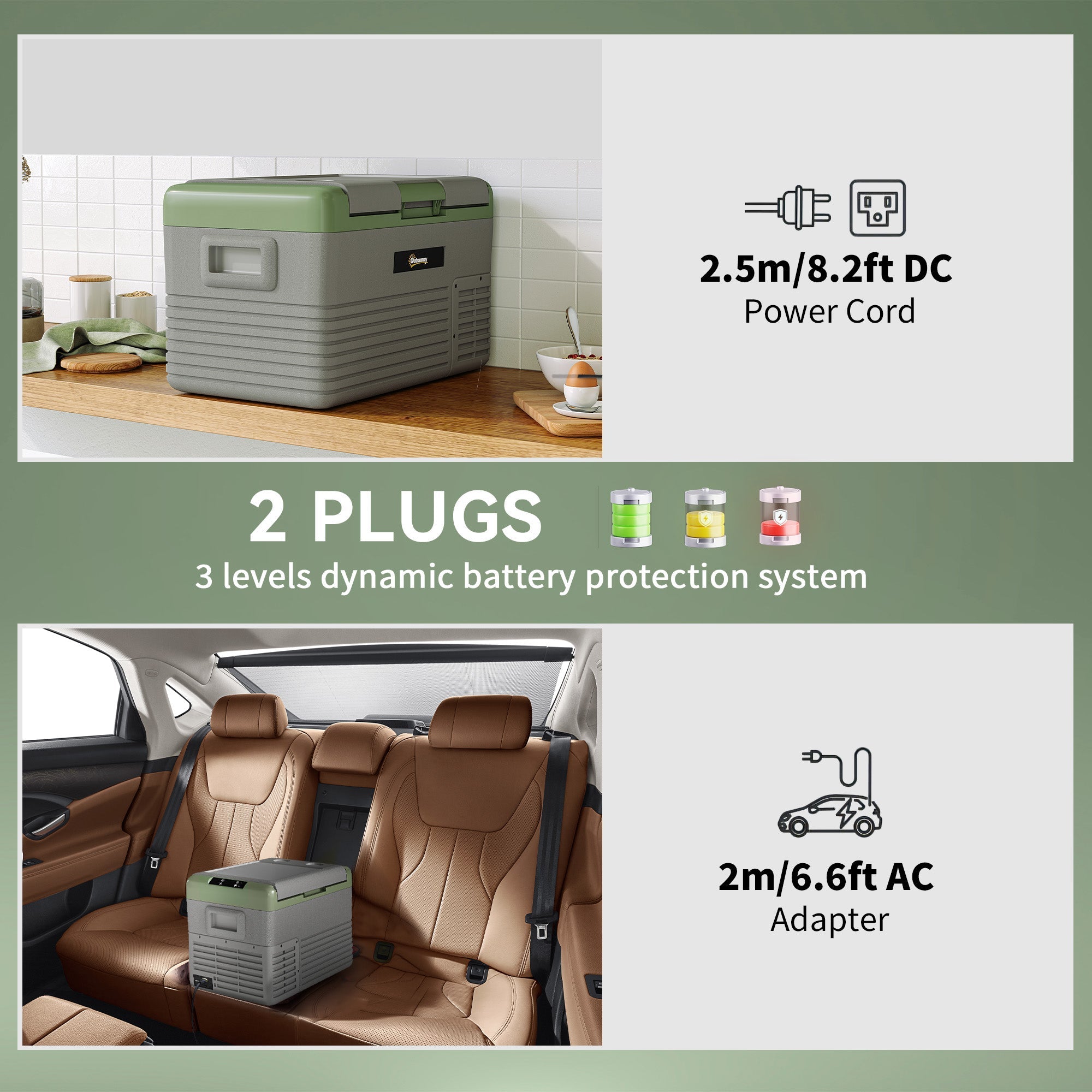 Outsunny 40L Portable Car Refrigerator - Light Green and Grey