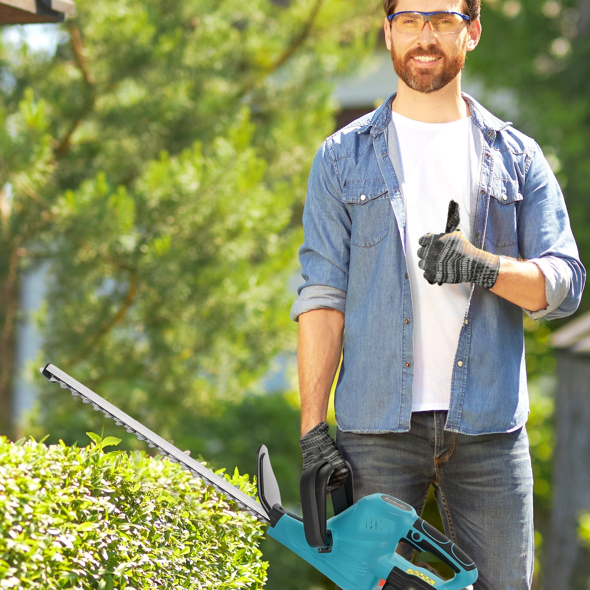Outsunny Cordless Hedge Trimmer, Electric Hedge Cutter with 51cm Blade, Brushless Motor and 2 Batteries for Branches, Shrubs, Twigs, Blue