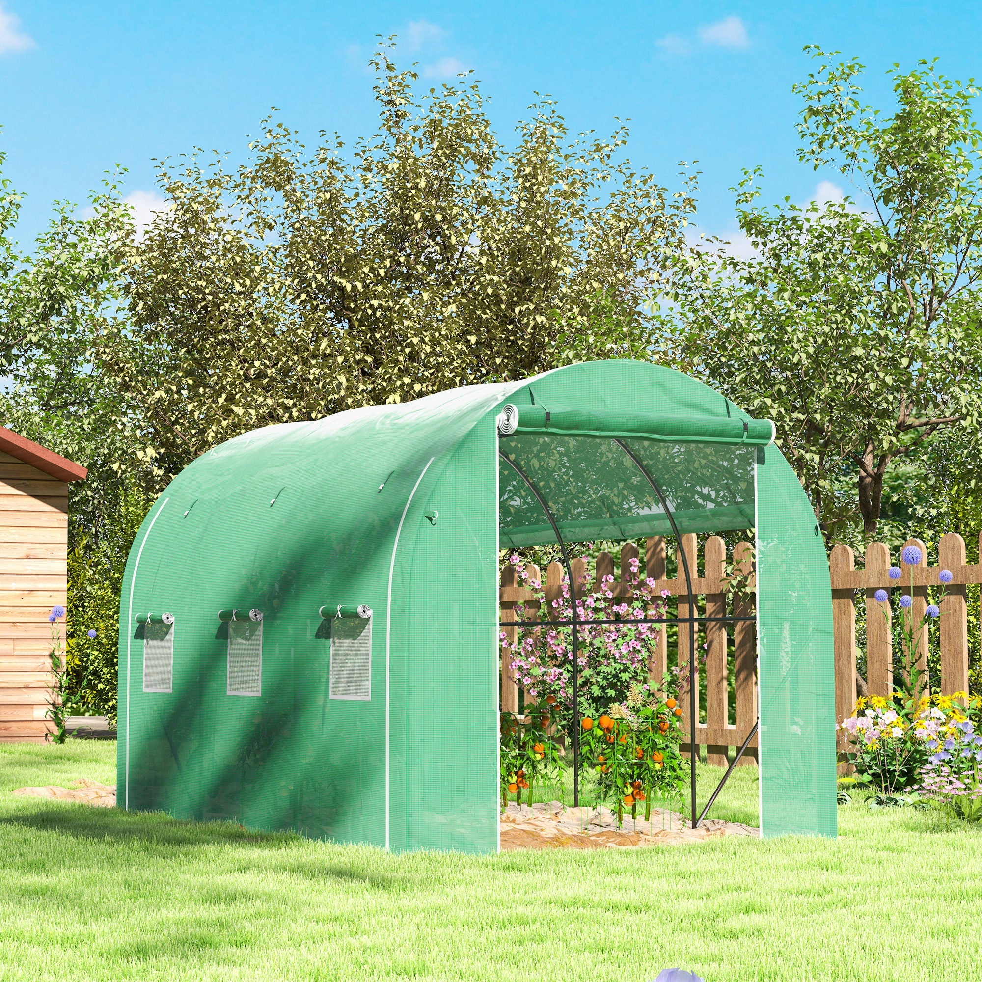 Outsunny 296 x 196cm Steel Frame Polytunnel Greenhouse - Green