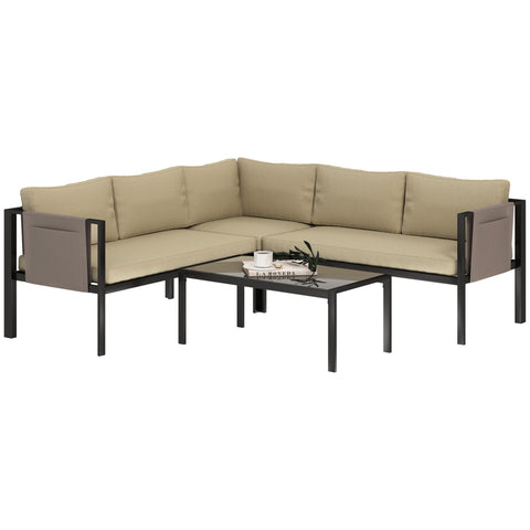 Outsunny 5 Seater Garden Corner Sofa Set, 4 Pieces Metal Garden Furniture Set with Loveseats, Glass Top Coffee Table, Breathable Mesh Pocket, Outdoor Conversation Furniture with Cushions, Khaki