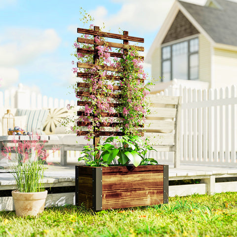 Outsunny Raised Garden Bed with Trellis, Outdoor Wooden Planter Box with Metal Corners and Wheels, Raised Bed for Garden