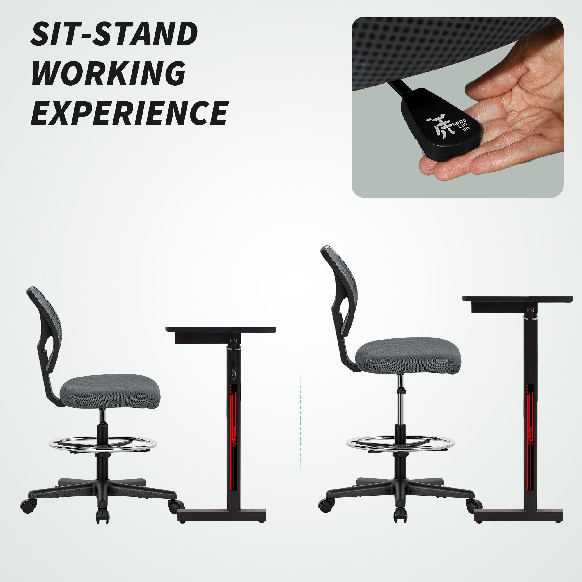 Vinsetto Ergonomic Mesh Standing Desk Chair with Adjustable Footrest Ring and Seat Height Charcoal Grey