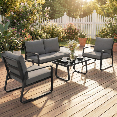 Outsunny 4 Piece Garden Furniture Set, Outdoor Sofa Set with Loveseat, 2 Armchairs, Coffee Table and Cushions