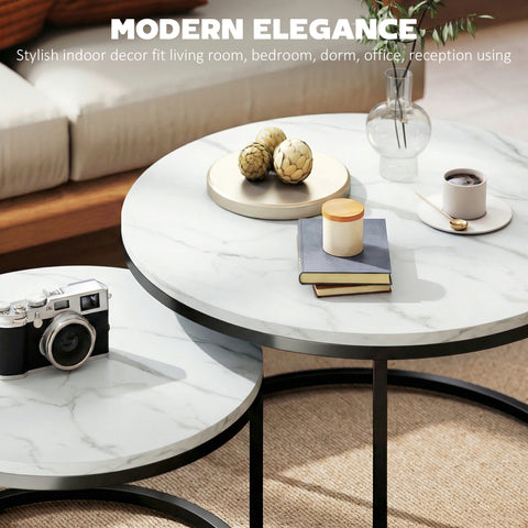 HOMCOM Set of Two Marble-Effect Stacking Tables - White