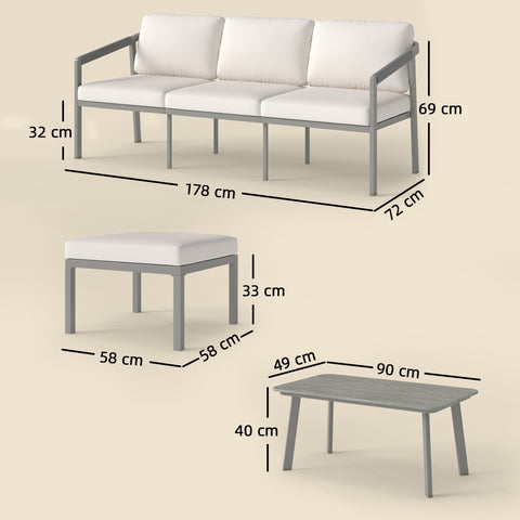 Outsunny 3 Piece Garden Dining Set, Outdoor Patio Furniture with 3 Seater Sofa, Footstool, Coffee Table and Cuhsions