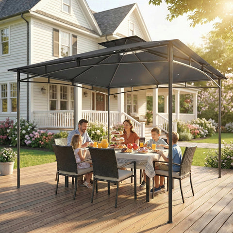 Outsunny 3 x 3 m Gazebo, Garden Gazebo with 2-Tier Roof, Metal Frame, Dark Grey