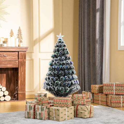 HOMCOM 4ft Artificial Prelit Christmas Tree, Snow Xmas Tree with Colourful LED Lighting Fiber Optics, Green White