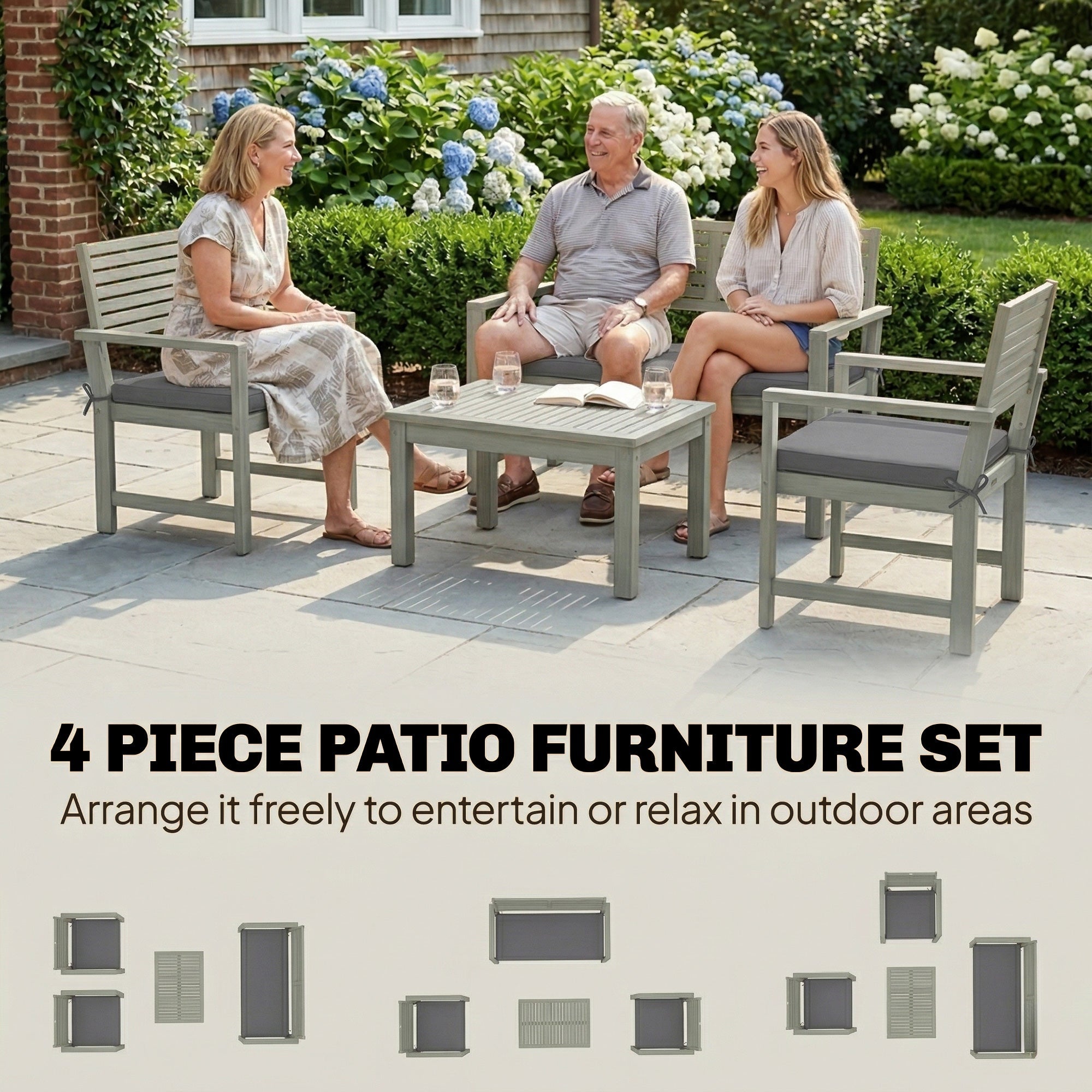 Outsunny 4 Seater Wooden Garden Furniture Set with Loveseat, Armchairs, Table, Acacia Wood Garden Sofa Set, Light Grey