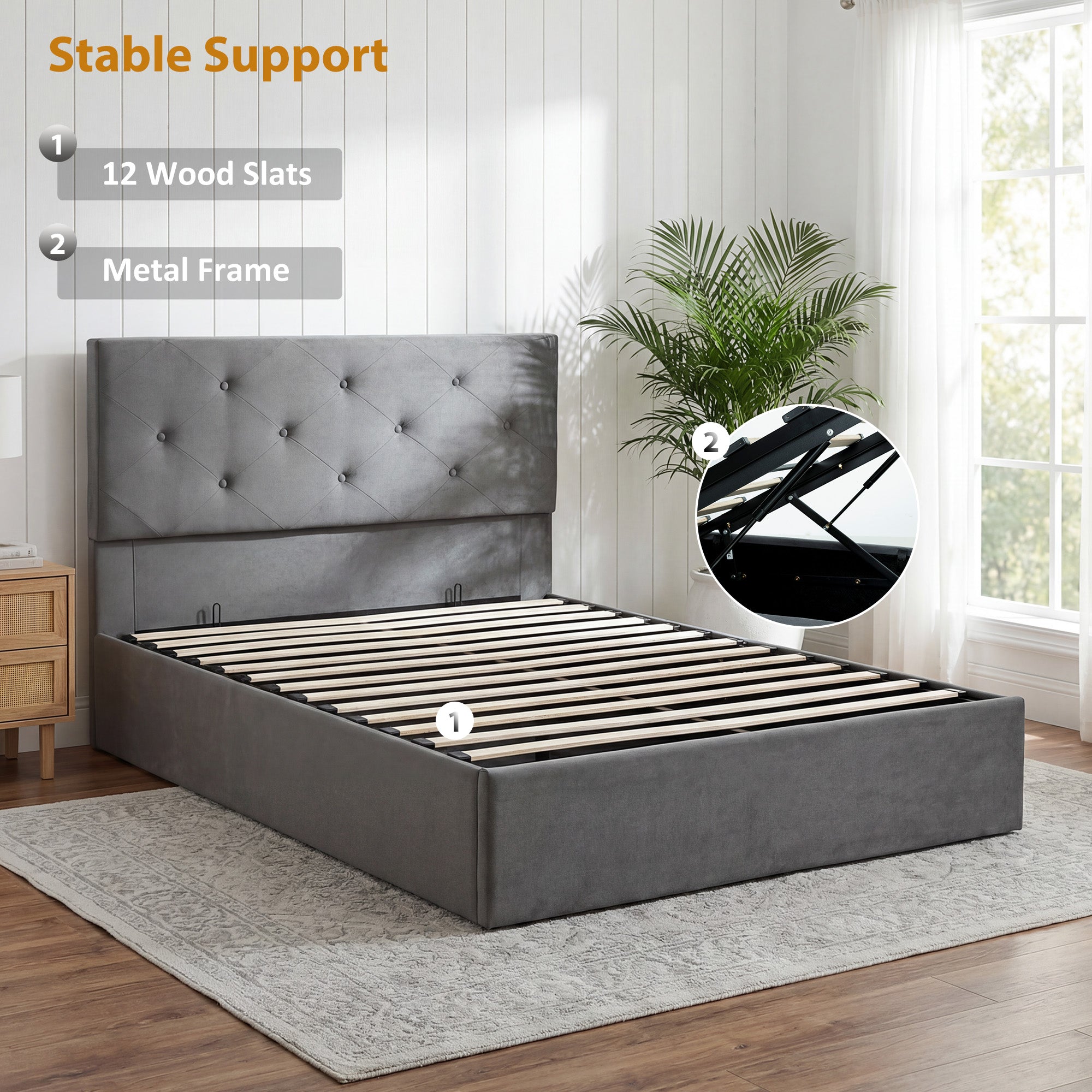 HOMCOM King Size Bed Frame Gas Side Lift Under Bed Storage Upholstered Platform Bed Tufted Headboard for 150 x 200 cm Mattress