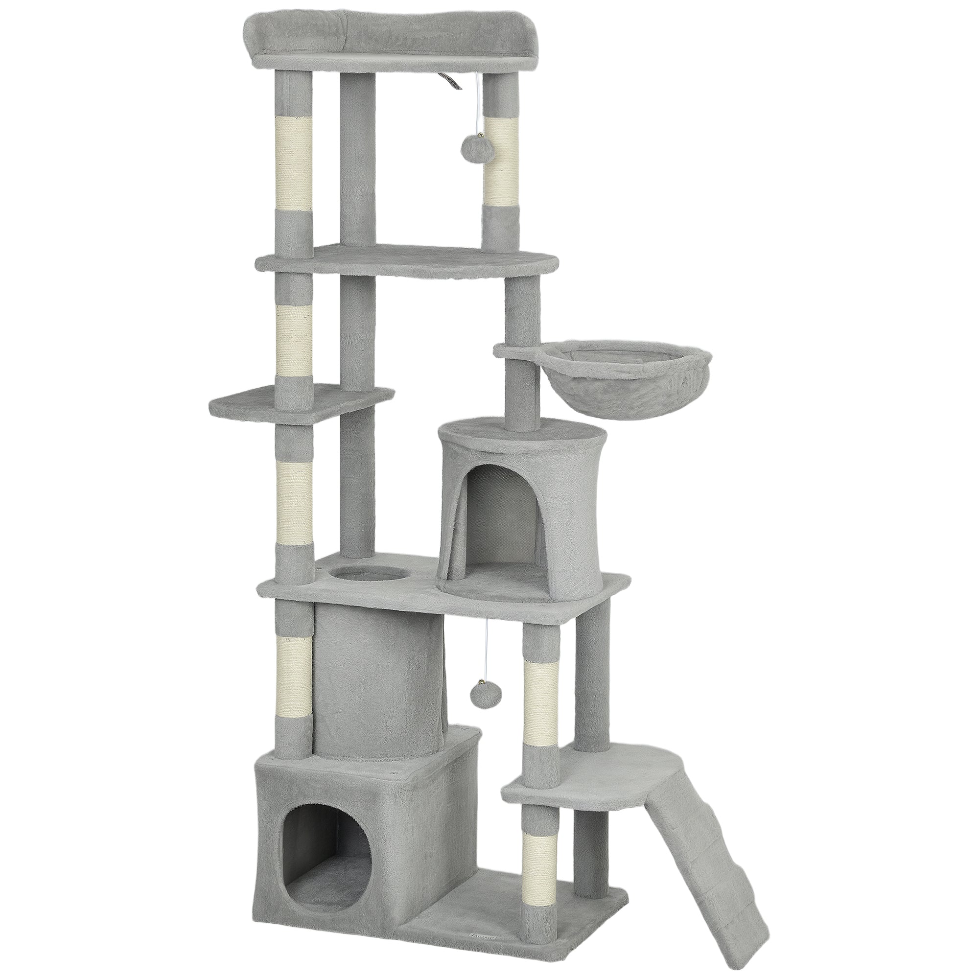 PawHut 170 cm Large Cat Tree, Cat Tower with 7 Scratching Posts, 2 Condos, Hammock,  Light Grey