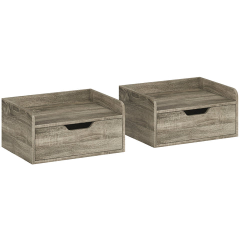 HOMCOM Floating Nightstands Set of 2, Wall Mounted Bedside Table with Drawer for Bedroom, Grey Wood Effect