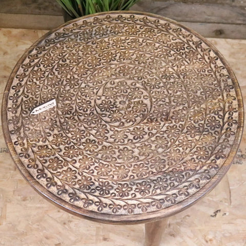 Rawlan Carved Wooden Side Table Burnt Finish