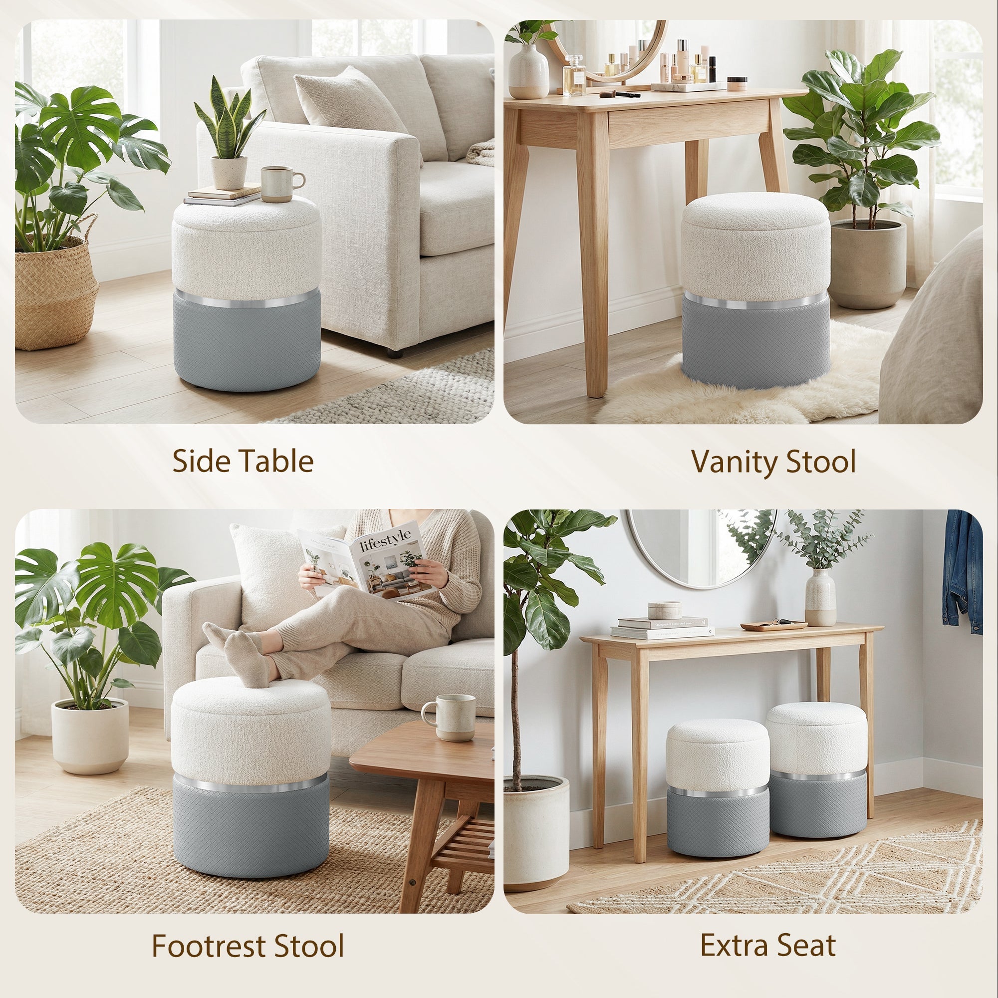 HOMCOM Nesting Round Ottoman with Storage Set of 2 - Cream/Grey