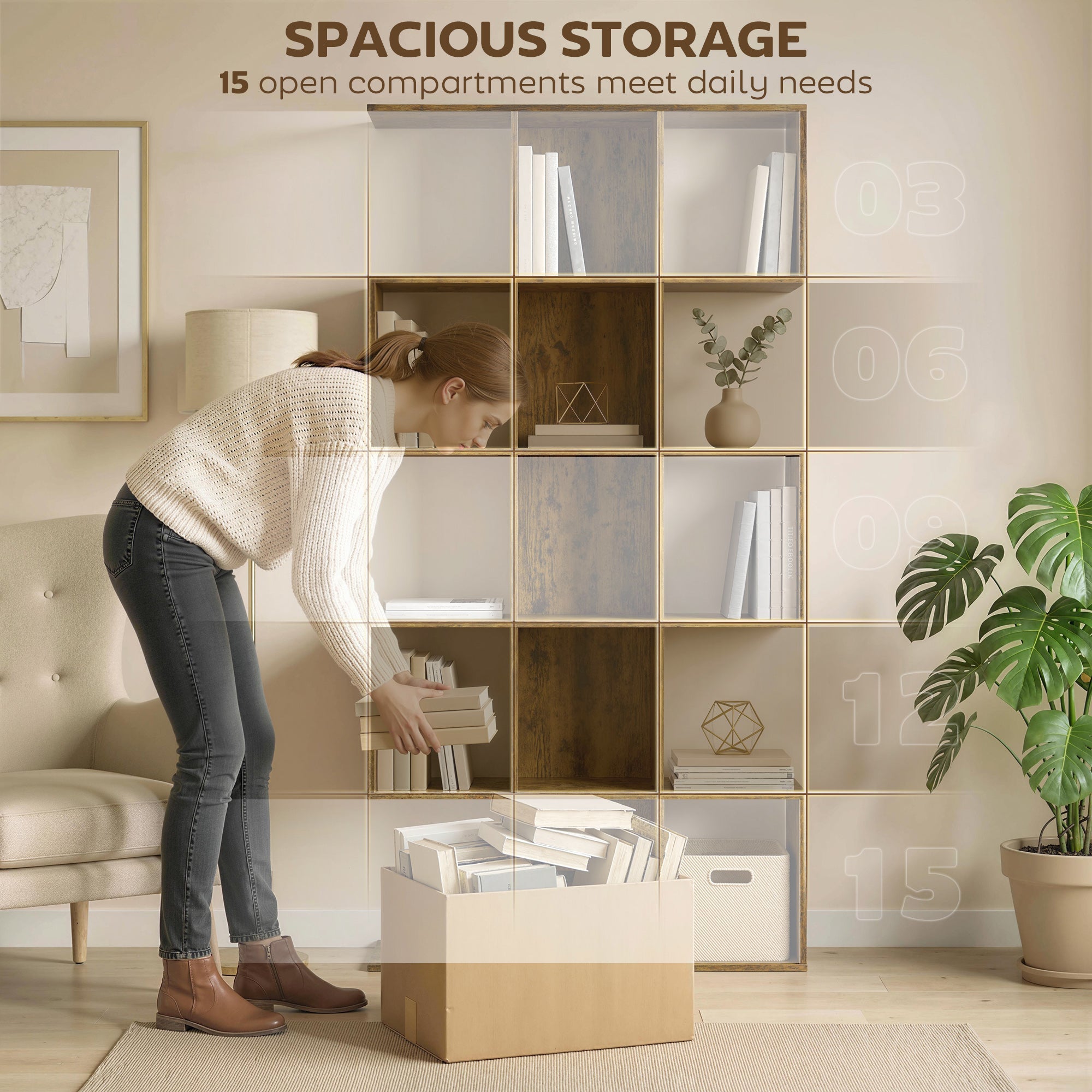 HOMCOM 5-Tier Bookshelf, S Shaped Geometric Bookcase with 15 Compartments, Rustic Brown