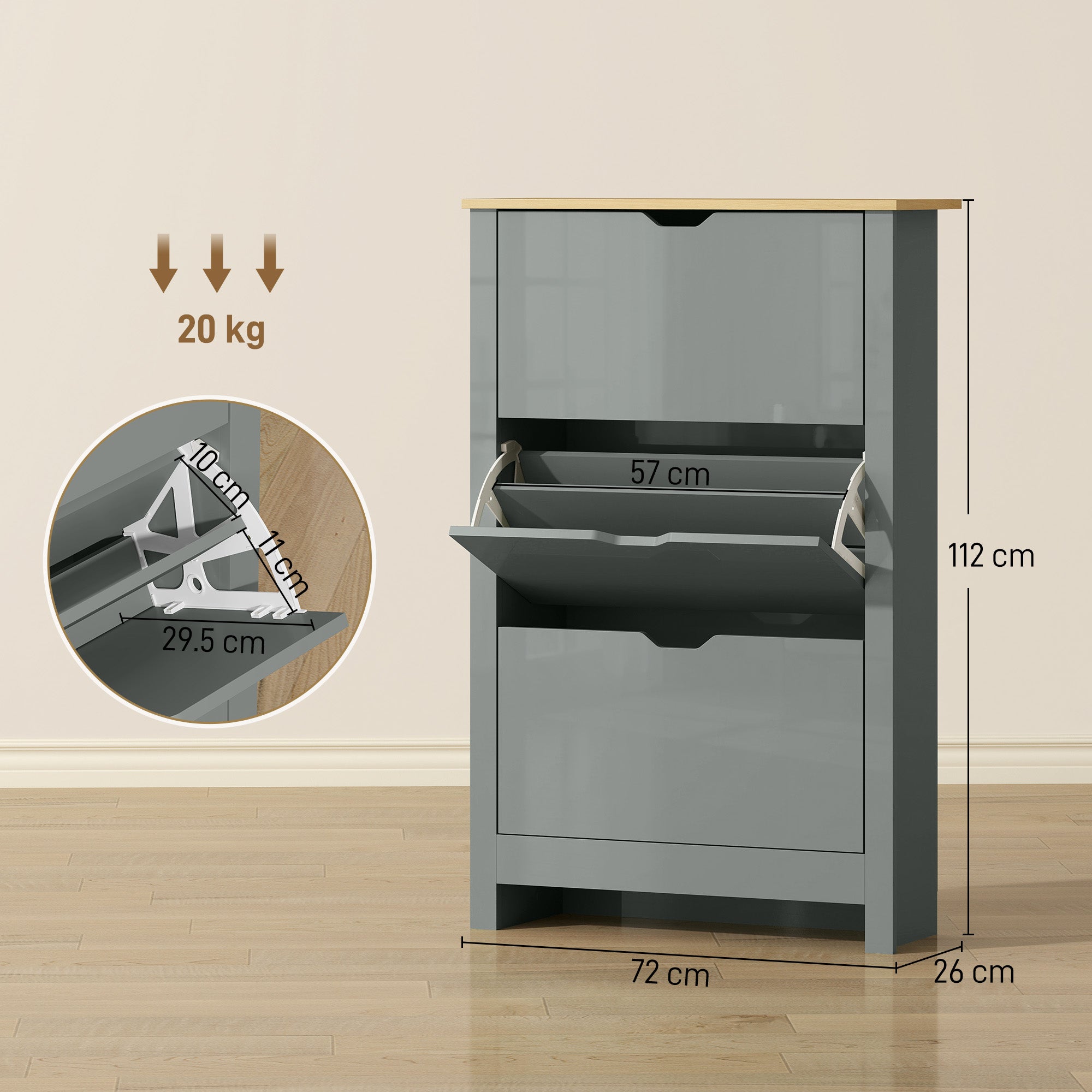 HOMCOM Slim Shoe Cabinet, Narrow Shoe Cupboard with 3 Flip Drawers, Adjustable Shelves for 18 Pairs of Shoes, Light Grey