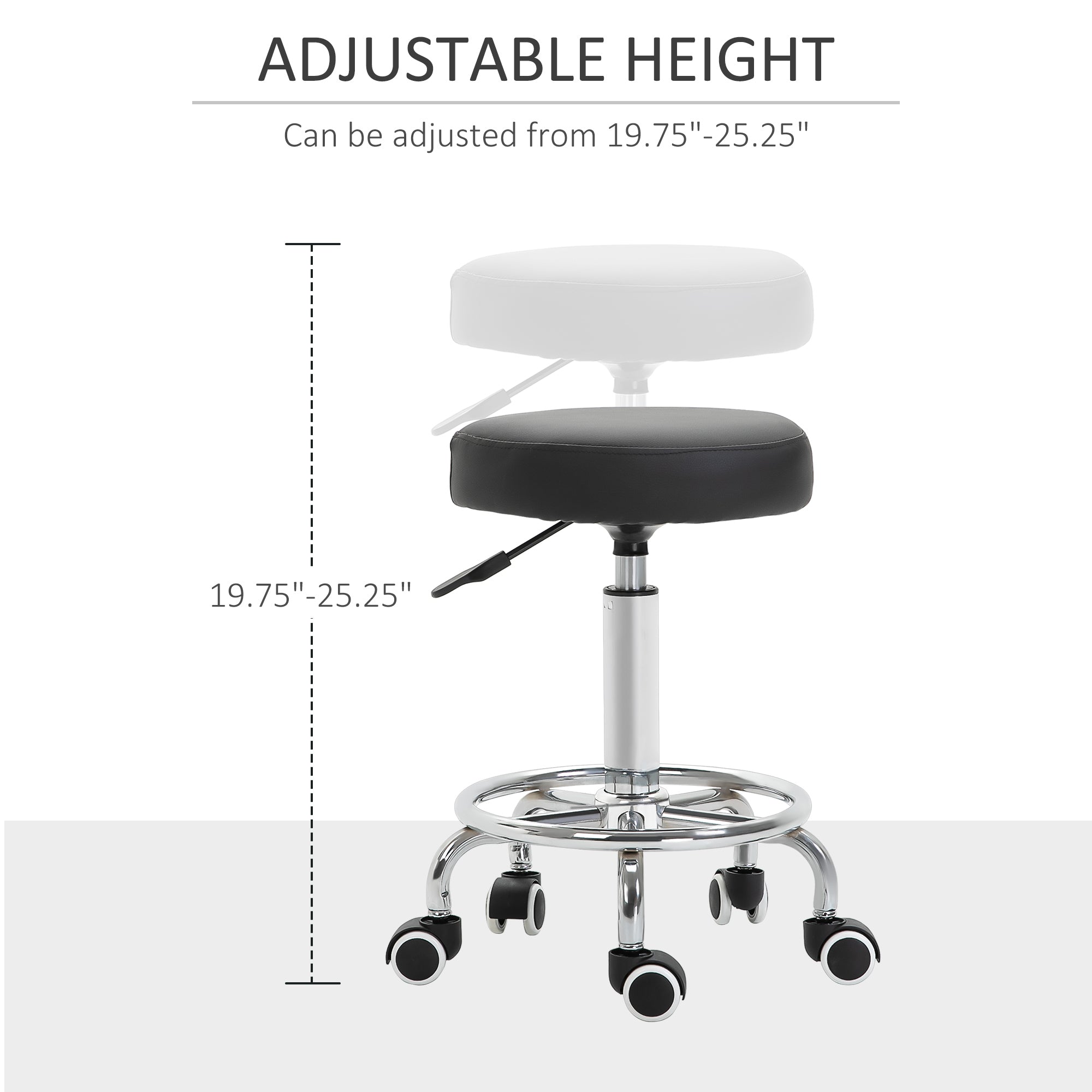 Vinsetto Round Rolling Stool, PU Leather Height Adjustable Stool Chair with Wheels and Swivel Seat for Salon, Massage, Spa, Home Kitchen, Black