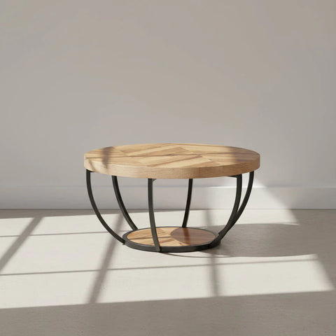Round Wooden Coffee Table with 2-Tier Shelves