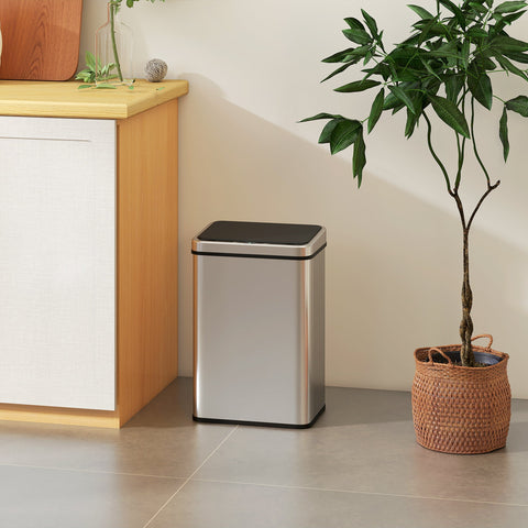 HOMCOM 40L Sensor Bin with Quiet Soft-Close Lid, Automatic Touchless Motion Sensor Kitchen Bin with Fingerprint Resistant Stainless Steel for Hygienic Gyms, Home Office Use, Silver Tone