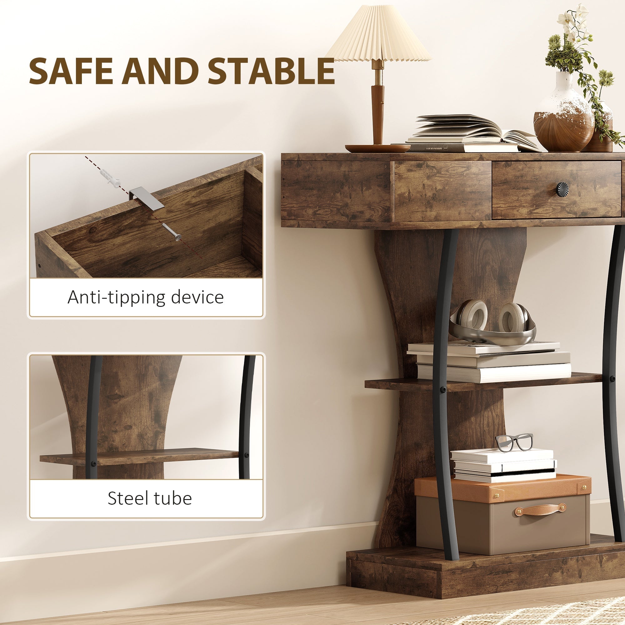 HOMCOM Console Table, 3-Tier Industrial Hallway Table with Drawer, Storage Shelves, 91 x 32 x 87 cm, Rustic Brown