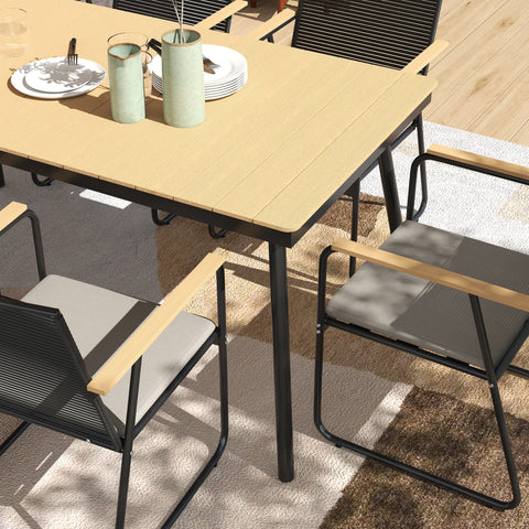 Outsunny 6 Seater Garden Dining Set with Soft Cushions, Rattan Backrest, Rectangular Plastic Top, Garden Furniture Set, Outdoor Dining Table and Chairs for Patio, Balcony, Poolside, Nature Wood Finish