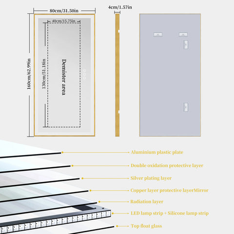 Overlength 140/151/160CM Rectangle LED Bathroom Mirror Gold Aluminum Frame Vanity MIirror Touch Defogging