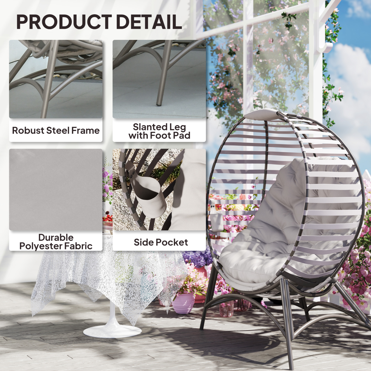 Outsunny Egg Chair w/ Cushion Steel Frame and Side Pocket