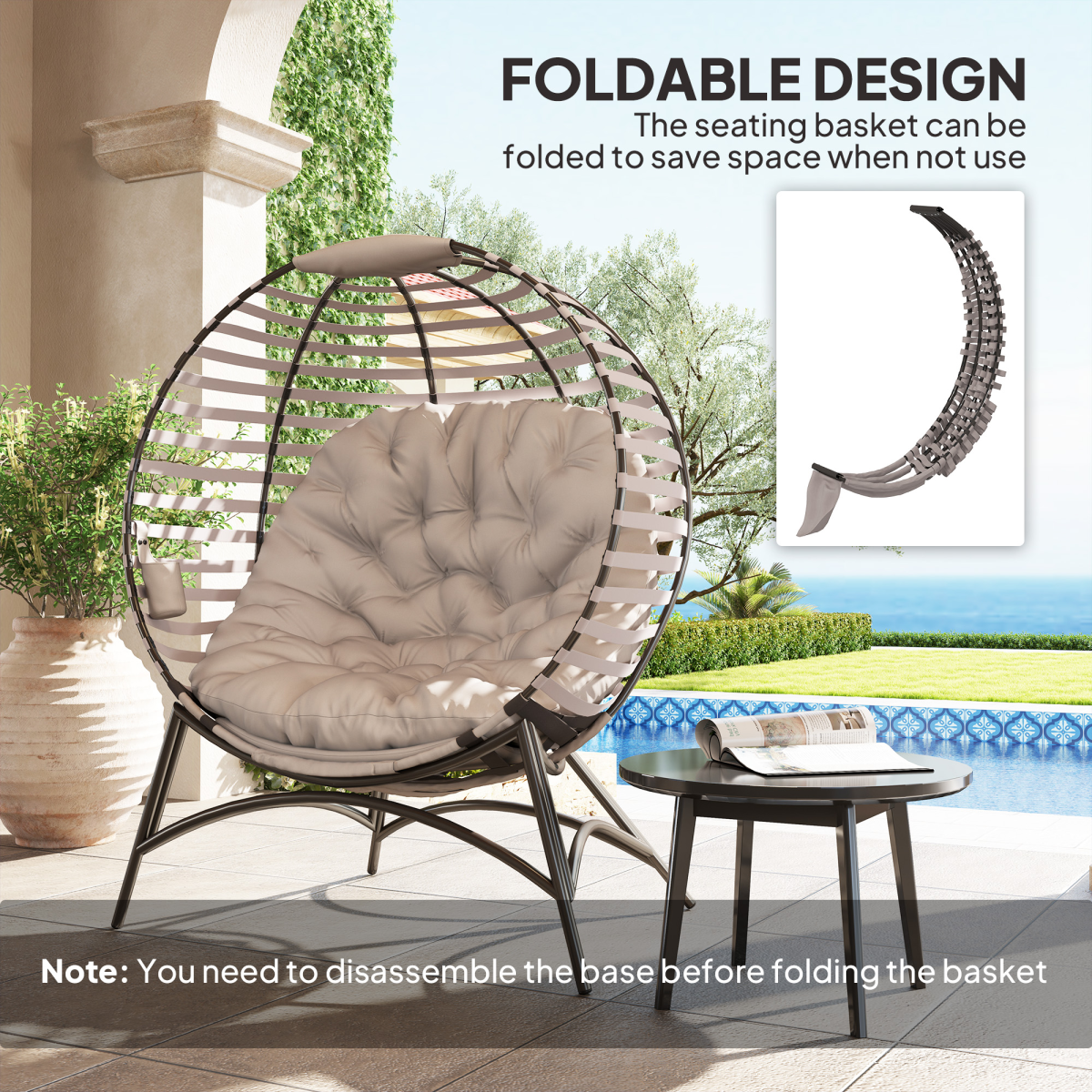 Outsunny Egg Chair w/ Cushion Steel Frame and Side Pocket