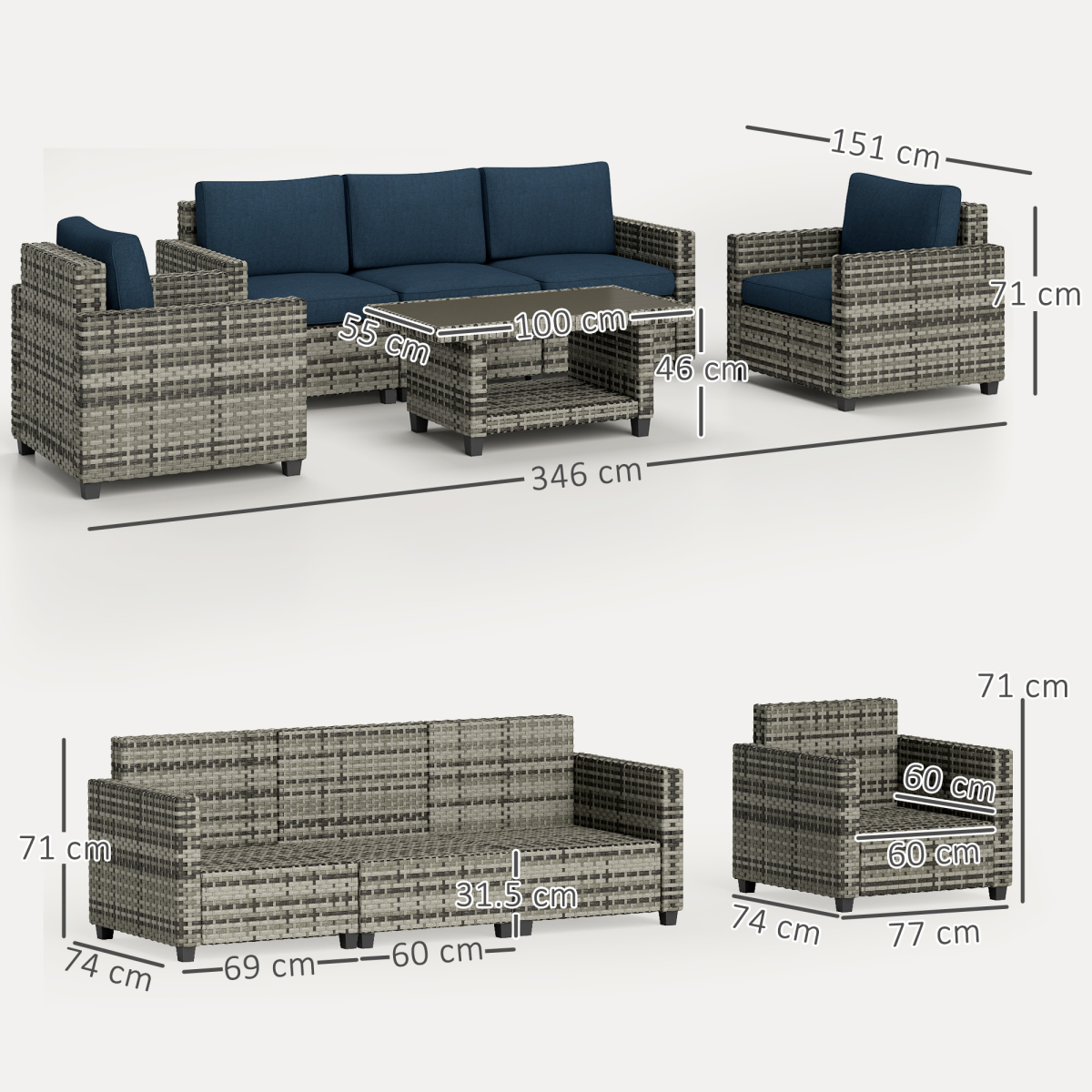 Outsunny 5 Seater Wicker Outdoor Furniture Set for Balcony