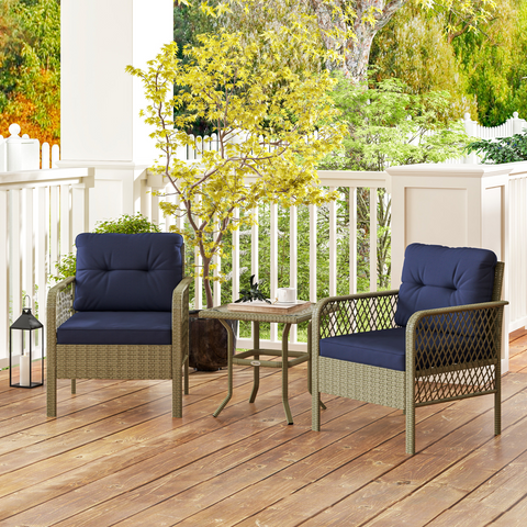 Outsunny 3 Pieces Rattan Bistro Set with Tempered Glass Table