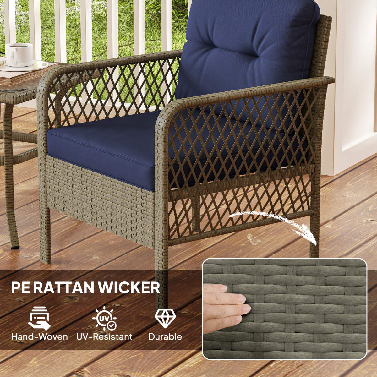 Outsunny 3 Pieces Rattan Bistro Set with Tempered Glass Table