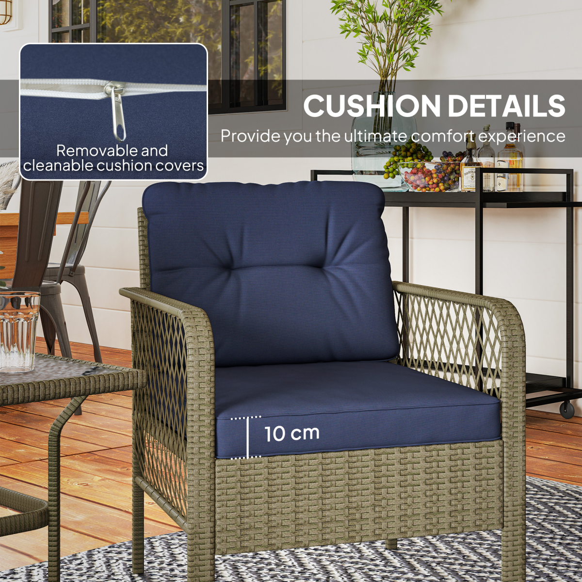 Outsunny 3 Pieces Rattan Bistro Set with Tempered Glass Table