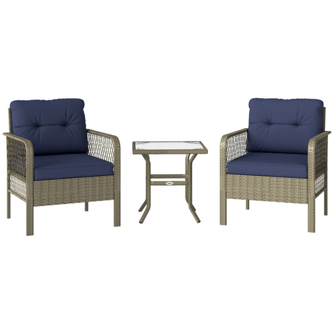 Outsunny 3 Pieces Rattan Bistro Set with Tempered Glass Table