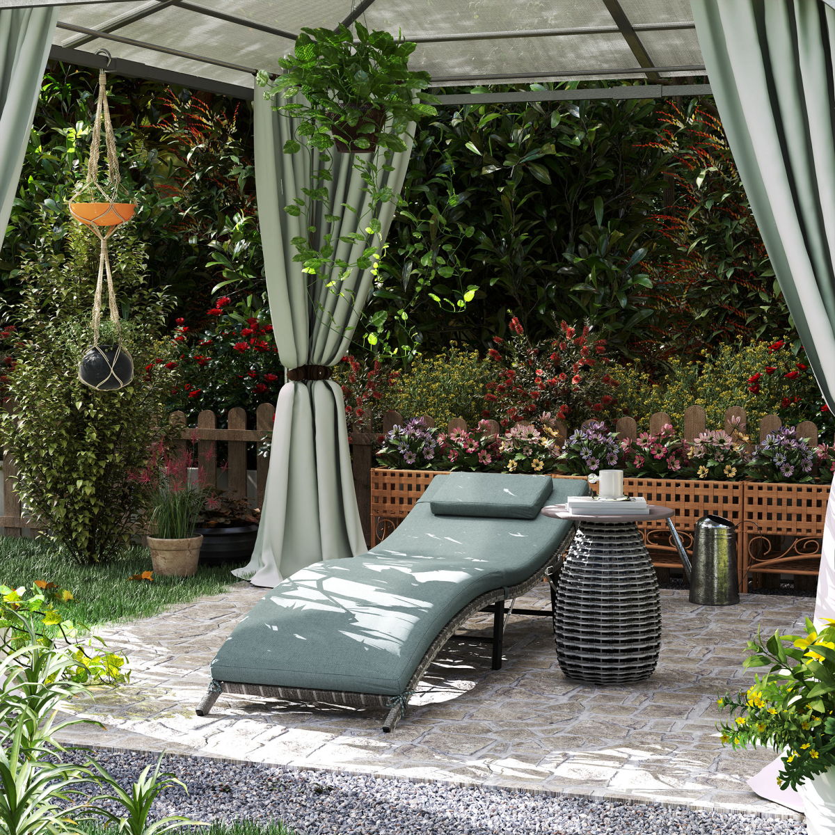 Outsunny Folding Rattan Sun Lounger with Cushion and Pillow