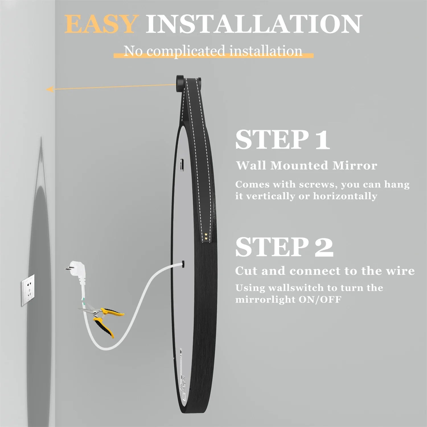 60/70/80CM Round LED Bathroom Mirror Wall Hanging Frontlit Vanity Makeup Mirror with Leather Strap Touch Anti-fog