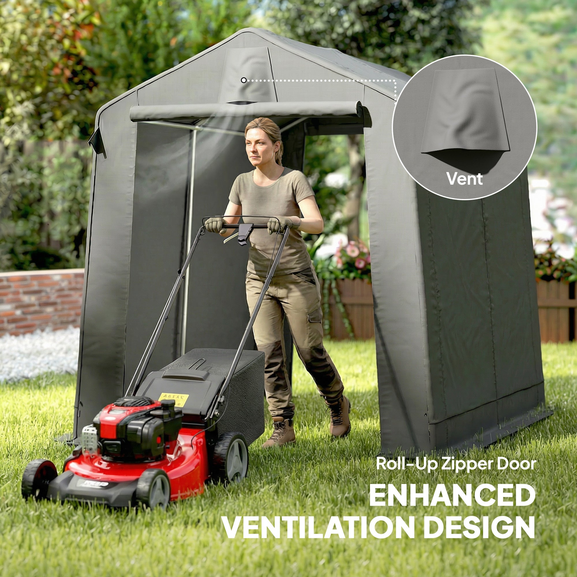 Outsunny 7.5 x 6.2 ft Outdoor Garden Storage Shed, Waterproof Bike Tent with Roll-Up Zipper Door and Vent, Dark Grey