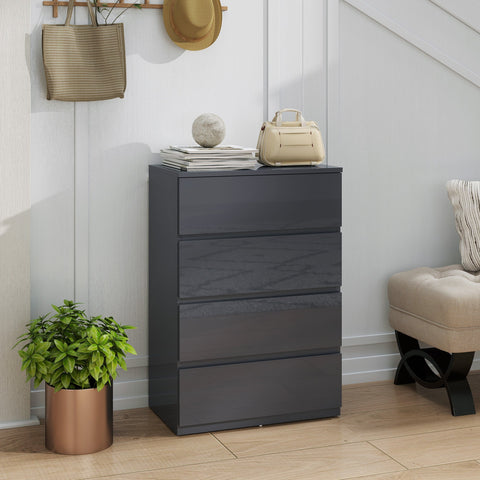HOMCOM High Gloss Chest of Drawers, 4-Drawer Storage Cabinets, Modern Dresser for Bedroom, Grey