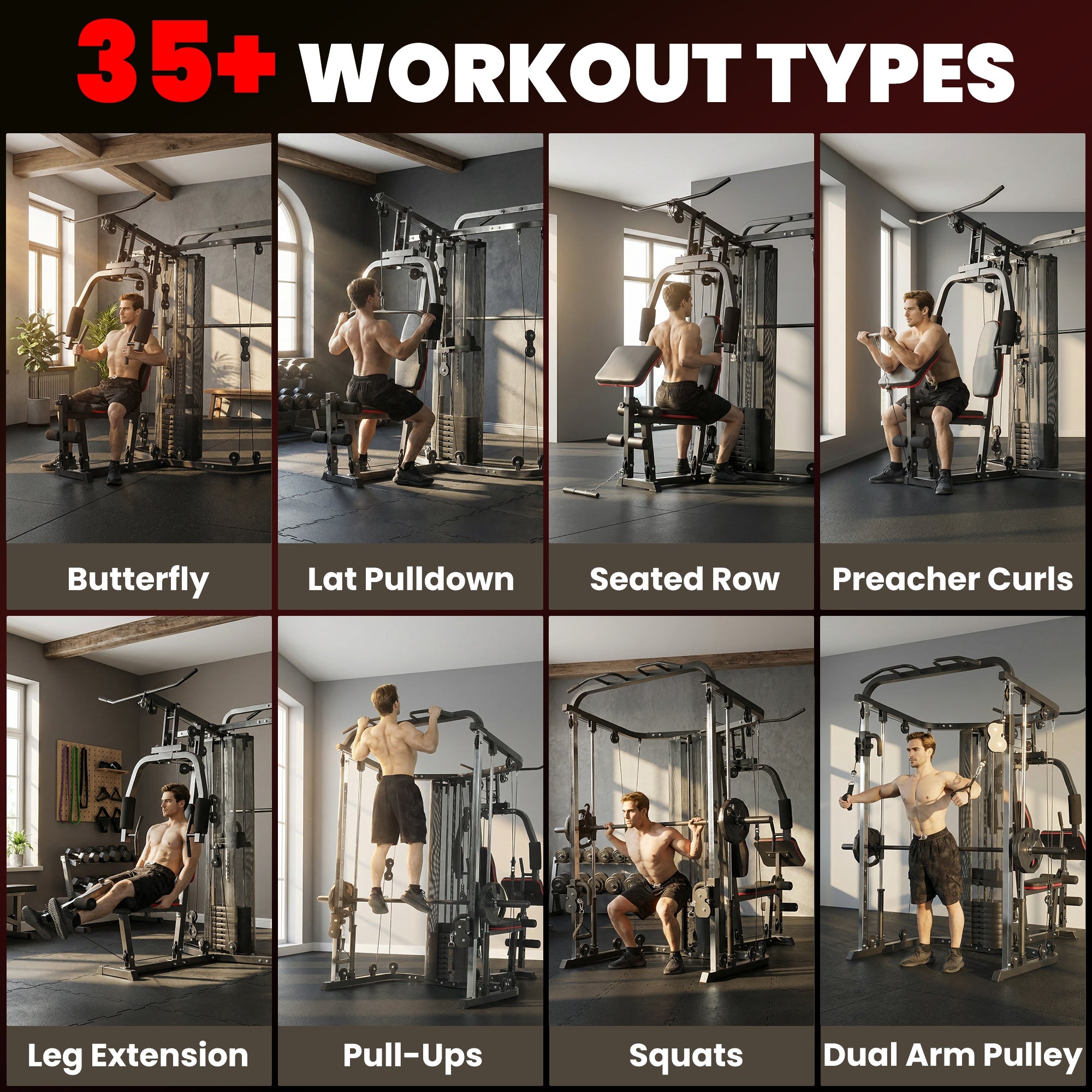SPORTNOW Home Multi Gym Smith Machine with 65kg Weight Stack, Cable Pulley System, Chest Station, Preacher Pad & Leg Developer