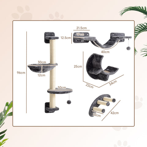PawHut Four-Piece Cat Wall Furniture, with Hammock, Ladder, Platforms, Steps, for Indoor Use - Dark Grey